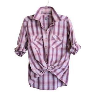 Carhartt Huron Berry Plaid Western Button Up Shirt Roll-Tab 3/4 Sleeves Rodeo